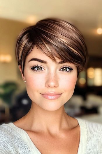 Chestnut Pixie With Honey Highlights Hairstyle on a softly smiling woman with short highlighted brown hair.