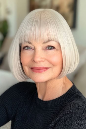 Chin-Length French Bob with Bangs Haircut on a smiling woman with blonde hair.