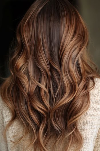 Chocolate Waves with Light Chestnut Highlights Hairstyle on a woman with highlighted long, brown hair, from back.