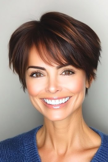 Choppy Layered Pixie Hairstyle on a smiling woman with short brown hair.