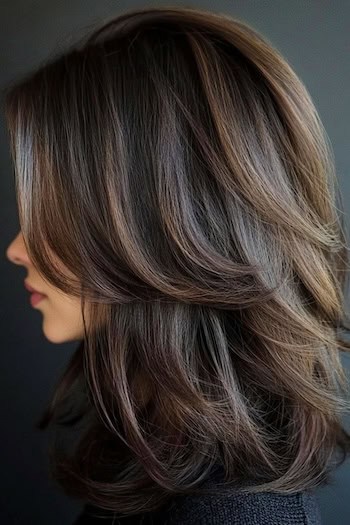 Choppy Layers Haircut on a woman with dark brown hair, side view.