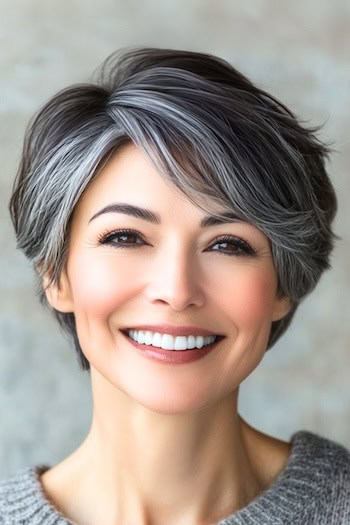 Choppy Salt-and-Pepper Pixie with Feathery Layers Hairstyle on a smiling woman with a salt and pepper hair color.