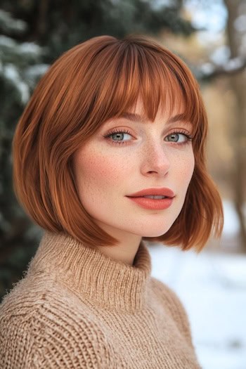 Cinnamon Spice Bob With Bangs Hairstyle on a woman with short cinnamon brown hair.