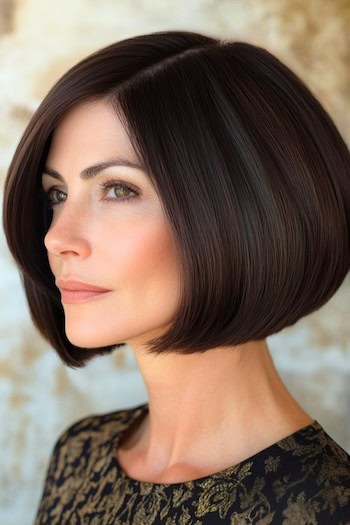 Classic Bob Haircut on a smiling woman with short brown hair.