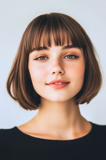 Classic Bob With Bangs Hairstyle on a young woman with short brown hair.