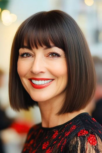 Classic Chocolate-Brown Bob with Bangs Hairstyle on a smiling woman with brown hair and bangs.