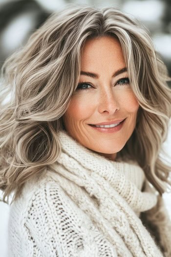 Cool Ash-Brown Textured Waves with Light Blonde Highlights Hairstyle on a smiling woman with blonde highlighted brown hair who is wearing a cream turtleneck sweater in the winter outdoors.