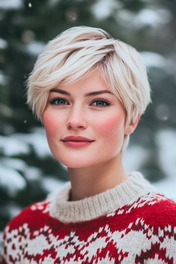 Cool Platinum Layered Blonde Pixie Hairstyle on a woman with short blonde hair.