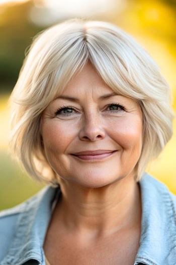 Cropped Layers With Curtain Bangs Hairstyle on a smiling woman with short blonde hair.