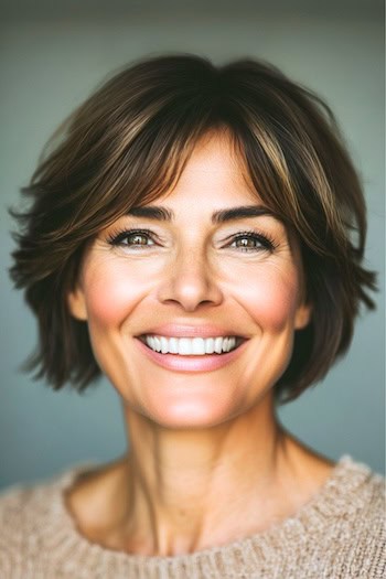 Cropped Layers With Subtle Highlights Hairstyle on a smiling woman with short brown hair and subtle highlights.