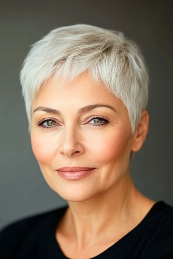 Cropped Pixie Haircut on an older woman with short gray hair.