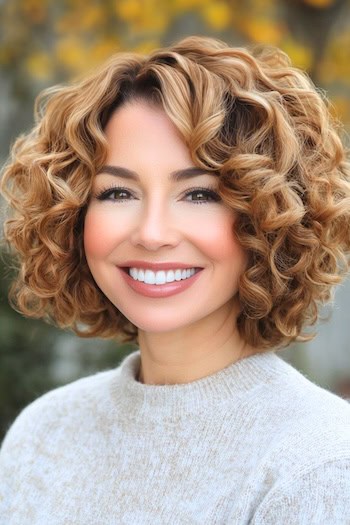 Curly Bob Hairstyle on a smiling woman with short curly light brown hair.