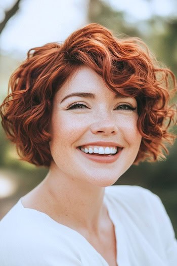 Curly Layered Bob Hairstyle on a smiling woman with short copper hair.