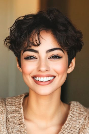 Curly Pixie Hairstyle on a smiling woman with brown hair.