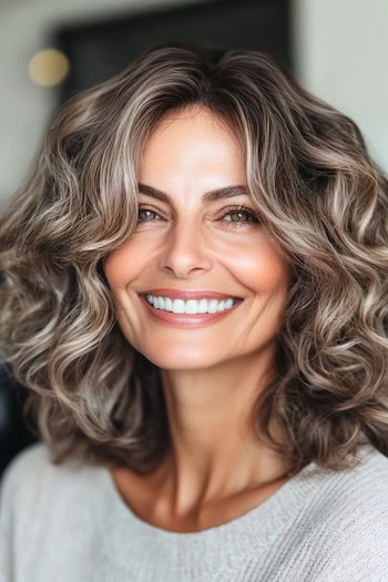 Curly Shoulder-Length Layers Haircut on a smiling woman with highlighted curly brown hair.