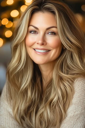 Dark Blonde Waves with Sandy Blonde Highlights Hairstyle on a smiling woman with long blonde hair.