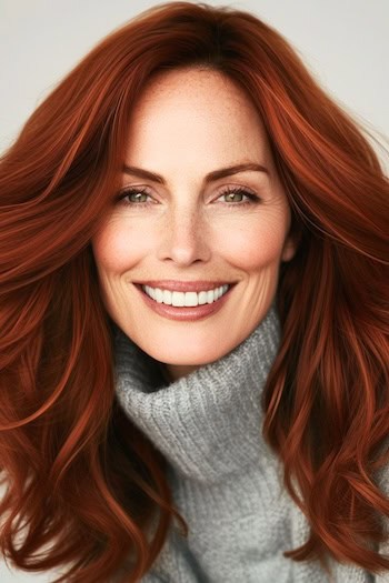 Dark Copper-Red Waves Hairstyle on a smiling woman with red hair.