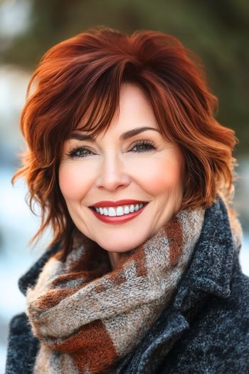 Deep Auburn Shaggy Cut With Bangs Hairstyle on a smiling woman with short auburn brown hair.