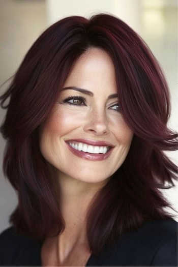 Deep Burgundy Shoulder-Length Layers Hairstyle on a smiling woman with burgundy hair.