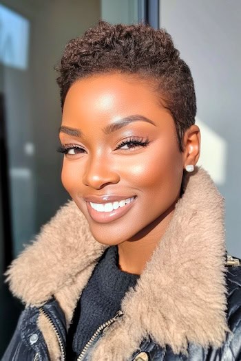 Deep Mocha Tapered Pixie Hairstyle on a smiling black woman with short dark brown hair.