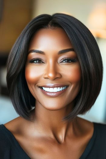 Deep Walnut Brown Bob Hairstyle on a smiling black woman with dark brown hair.