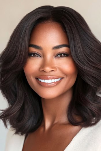 Espresso-Brown Lob with Soft Waves Hairstyle on a smiling black woman with dark brown shoulder-length hair.