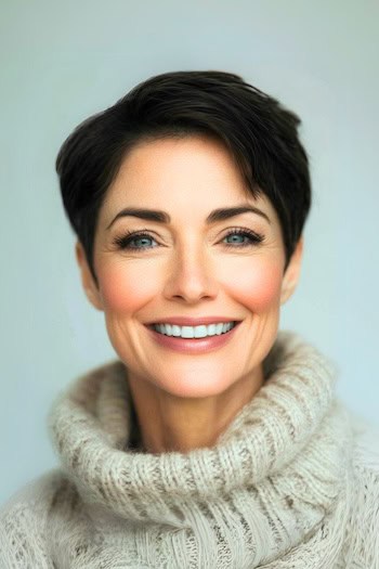 Espresso Brown Short Pixie Hairstyle on a smiling older woman with short dark brown hair.