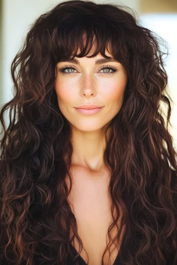 Extra-Long Tousled Curls with Bangs Hairstyle on a woman with long curly brown hair.