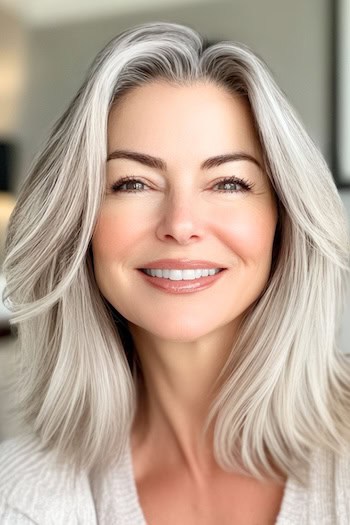 Face-Framing Layers With Feathered Ends Haircut on a smiling woman with white blonde hair.