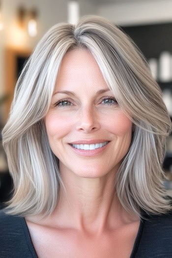 Face-Framing Long Bob Hairstyle on a smiling woman with ash blonde hair.