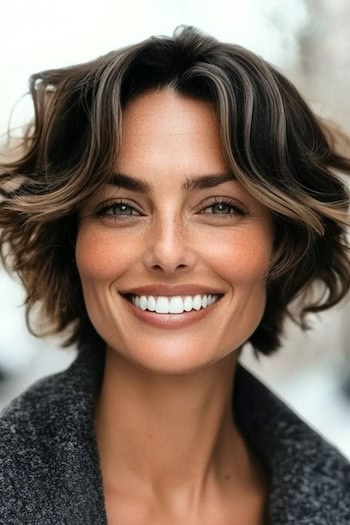 Face-Framing Waves Hairstyle on a smiling woman with highlighted brown wavy hair.