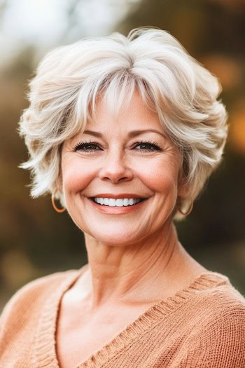 Feathered Grown-Out Pixie With Bangs Hairstyle on a smiling older woman with short blonde hair.