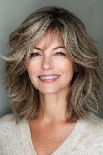 Fluffy Layers With Bangs Haircut on a smiling woman with layered brown hair.