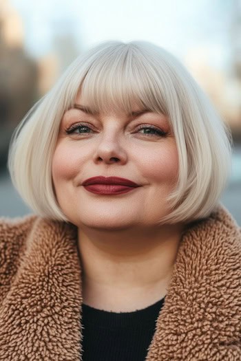 French Bob With Bangs Hairstyle on a woman with short light blonde hair.