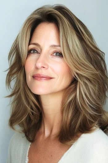 Full-Bodied Layers With Balayage Highlights Hairstyle on a woman with brown hair and blonde highlights.