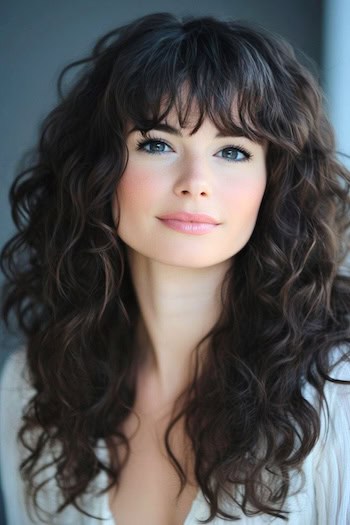 Full Curls with Piecey Bangs Hairstyle on a woman with long curly brown hair and bangs.