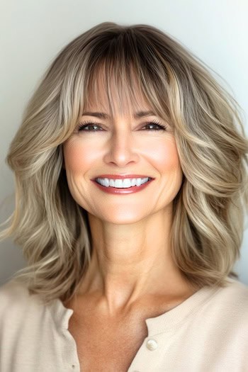 Full Layers With Wispy Bangs Haircut on a smiling woman with bronde hair.