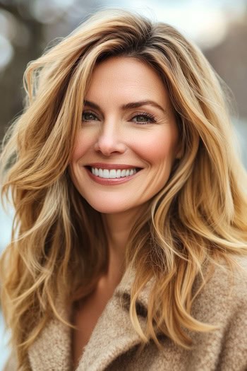 Golden Blonde Tousled Waves with Caramel Undertones Hairstyle on a smiling woman with warm long blonde hair wearing a beige wool coat in the winter outdoors.