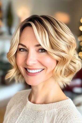 Golden Blonde Wavy Bob Hairstyle on a smiling woman with short wavy blonde hair.