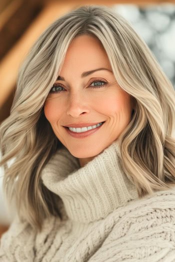 Gray Blending with Ash-Blonde Shoulder-Length Hair Hairstyle on a smiling woman with grayish blonde/brown hair.