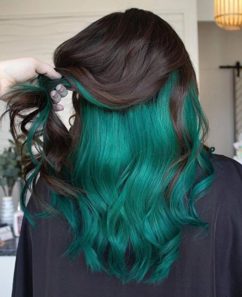 Green Half Dyed Hair Underneath Brown Hair