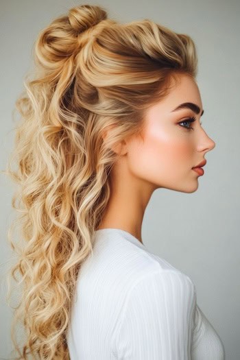 Half-Up Half-Down Curls Hairstyle on a woman with long curly blonde hair, side view.