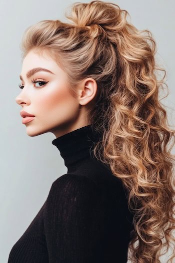 Half-Up Half-Down Curls Hairstyle on a woman with long curly brown hair, side view.