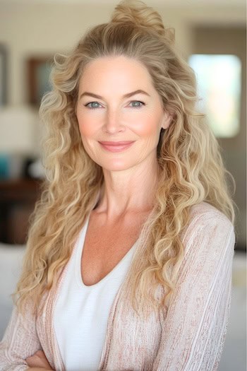 Half-Up Half-Down Long Curls Haircut on a smiling woman with long curly blonde hair.