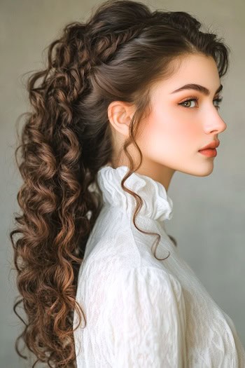 Half-Up Ringlet Curls Hairstyle on a woman with long curly brown hair, side view.