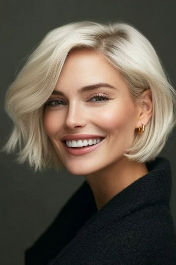 High-Volume Blonde Bob Haircut on a smiling woman with short platinum blonde hair.