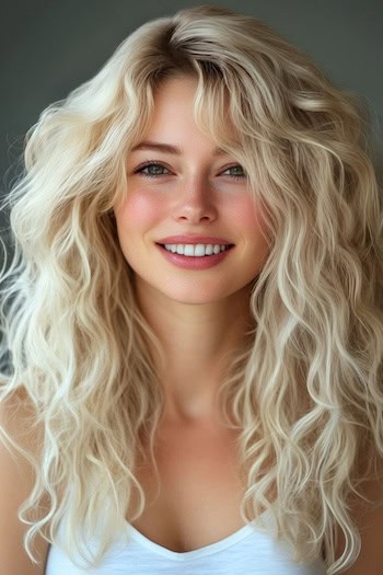 High-Volume Blonde Curls Hairstyle on a woman with long curly blonde hair.