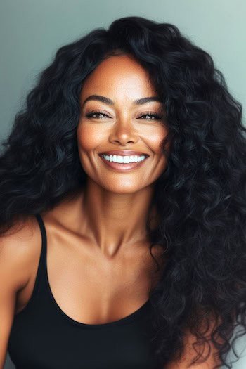 High-Volume Curls Hairstyle on a smiling black woman with long curly dark brown hair.