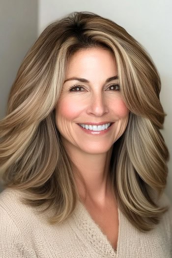 High-Volume Flowing Layers Haircut on a smiling woman with thick highlighted brown hair.