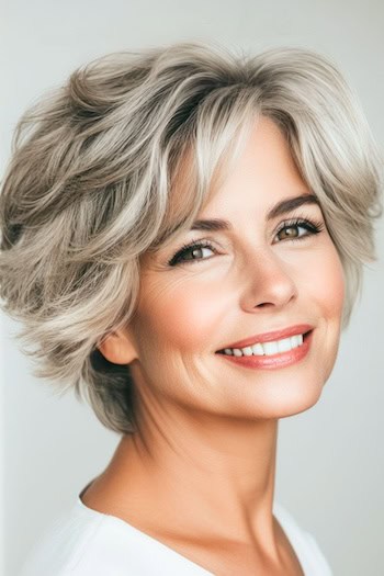 High-Volume Pixie Hairstyle on a smiling woman with gray hair.